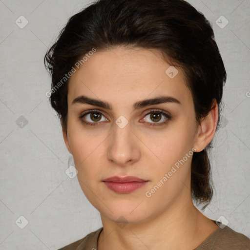 Neutral white young-adult female with medium  brown hair and brown eyes