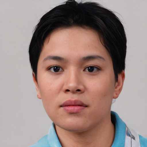 Neutral asian young-adult female with short  black hair and brown eyes