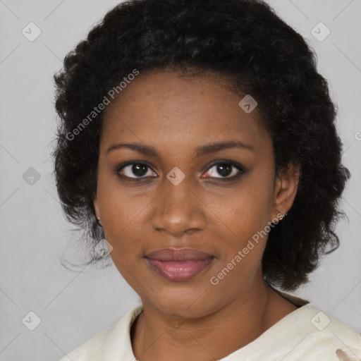 Joyful black young-adult female with medium  black hair and brown eyes