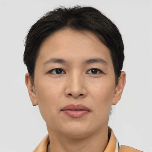 Neutral white young-adult female with short  brown hair and brown eyes