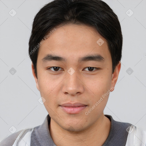 Neutral asian young-adult male with short  black hair and brown eyes