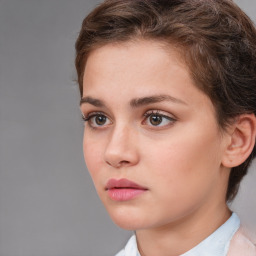 Neutral white young-adult female with short  brown hair and brown eyes