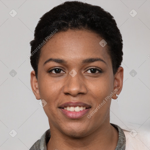 Joyful latino young-adult female with short  black hair and brown eyes