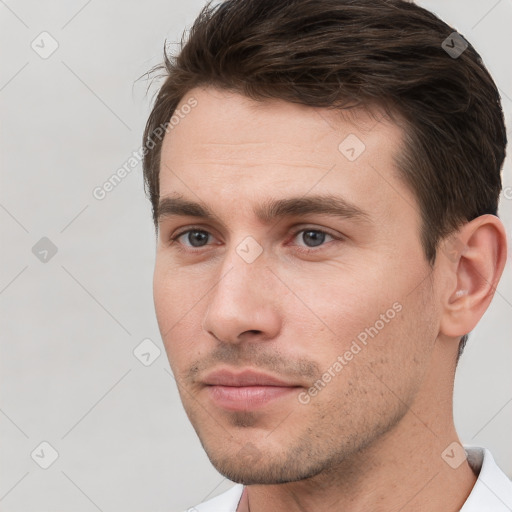 Neutral white young-adult male with short  brown hair and brown eyes