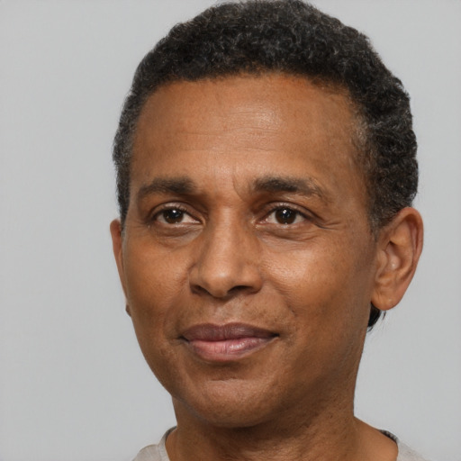 Joyful black adult male with short  brown hair and brown eyes