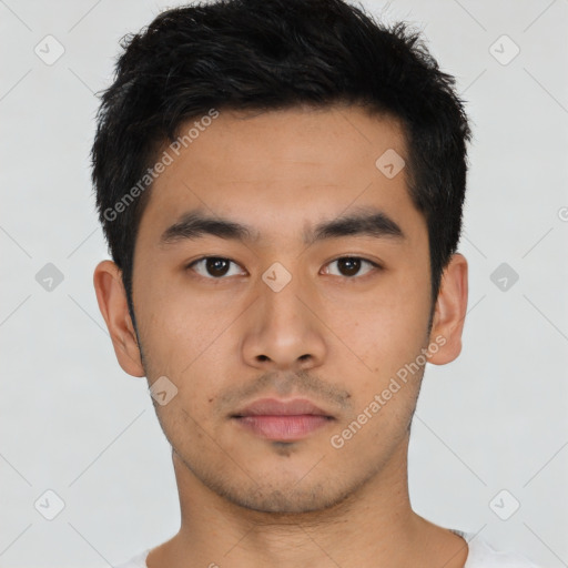 Neutral asian young-adult male with short  black hair and brown eyes