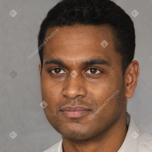 Neutral black young-adult male with short  black hair and brown eyes