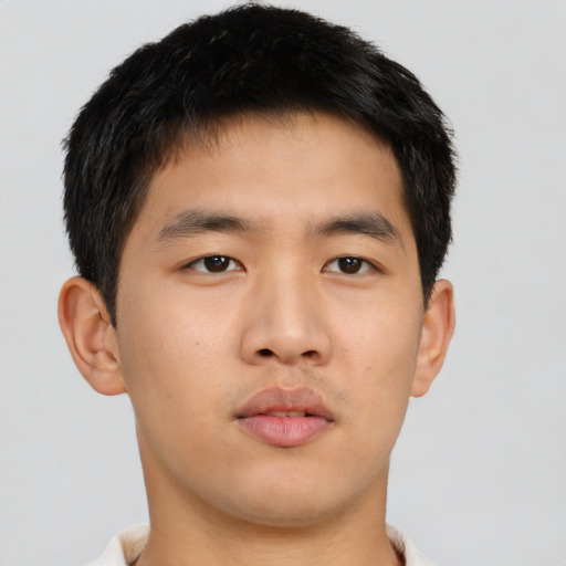Neutral asian young-adult male with short  brown hair and brown eyes