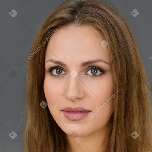 Neutral white young-adult female with long  brown hair and brown eyes