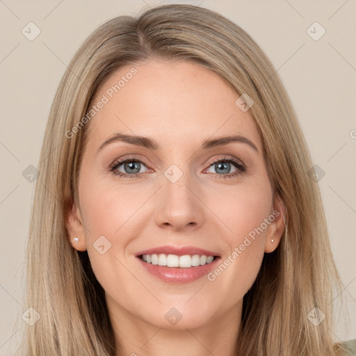 Joyful white young-adult female with long  brown hair and grey eyes