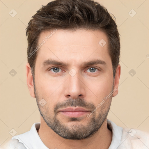 Neutral white young-adult male with short  brown hair and brown eyes