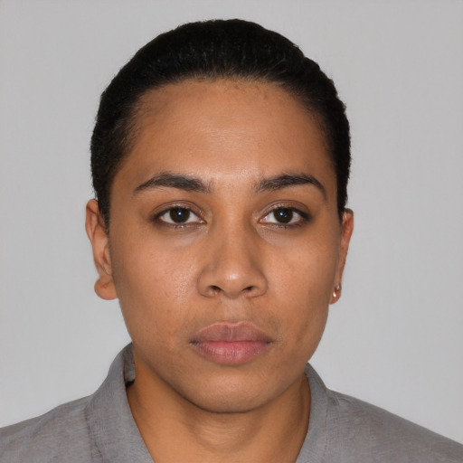 Neutral latino young-adult female with short  black hair and brown eyes