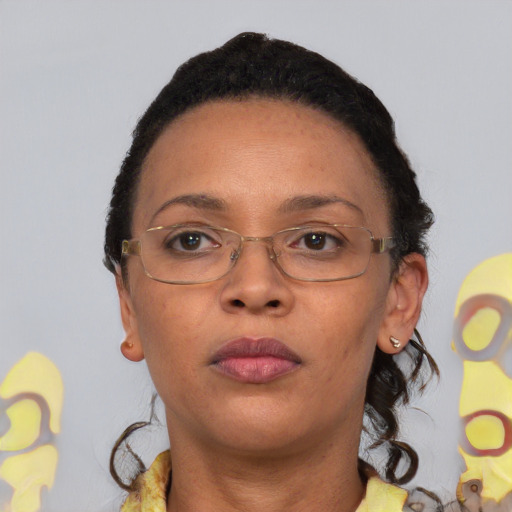Neutral black adult female with short  brown hair and brown eyes