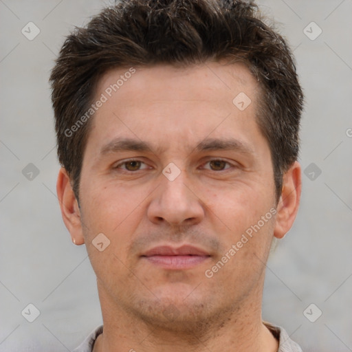 Neutral white adult male with short  brown hair and brown eyes