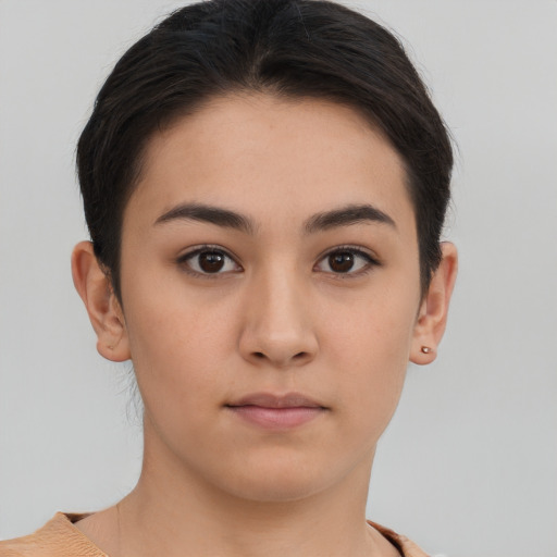 Neutral asian young-adult female with short  brown hair and brown eyes