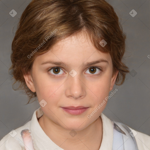 Joyful white child female with medium  brown hair and brown eyes