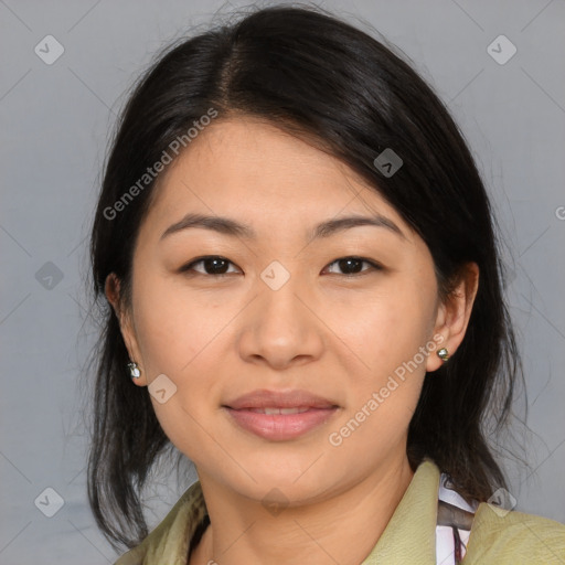 Joyful asian young-adult female with medium  brown hair and brown eyes