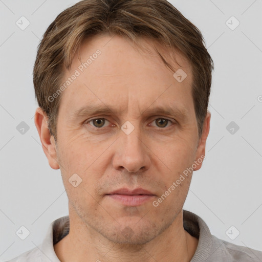 Neutral white adult male with short  brown hair and brown eyes