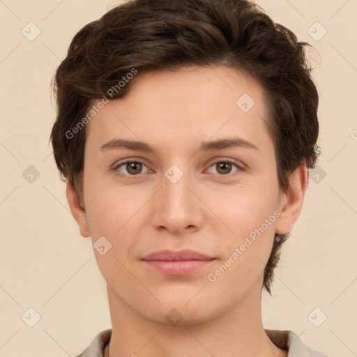 Joyful white young-adult female with short  brown hair and brown eyes