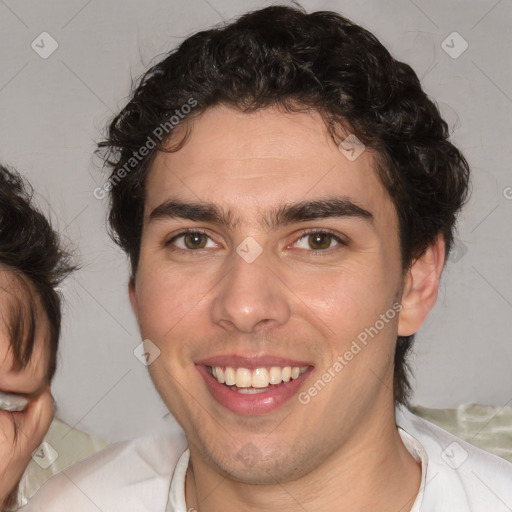 Joyful white young-adult male with medium  brown hair and brown eyes