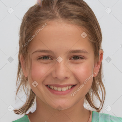 Joyful white child female with medium  brown hair and brown eyes