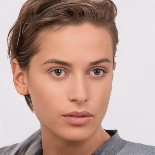 Neutral white young-adult female with short  brown hair and brown eyes