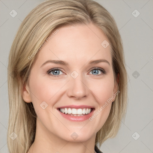 Joyful white young-adult female with medium  brown hair and blue eyes