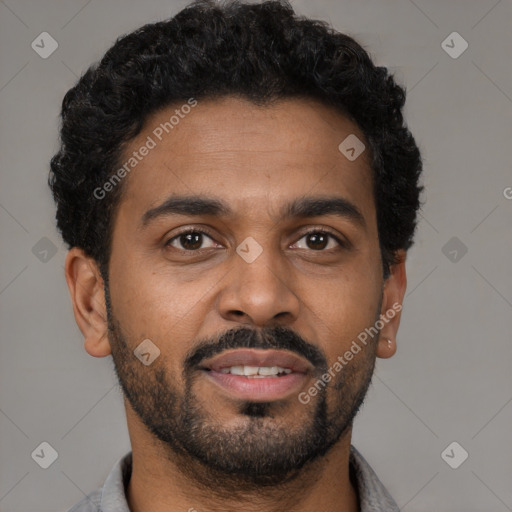 Joyful latino young-adult male with short  brown hair and brown eyes