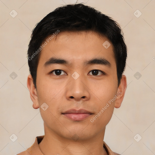 Neutral asian young-adult male with short  black hair and brown eyes