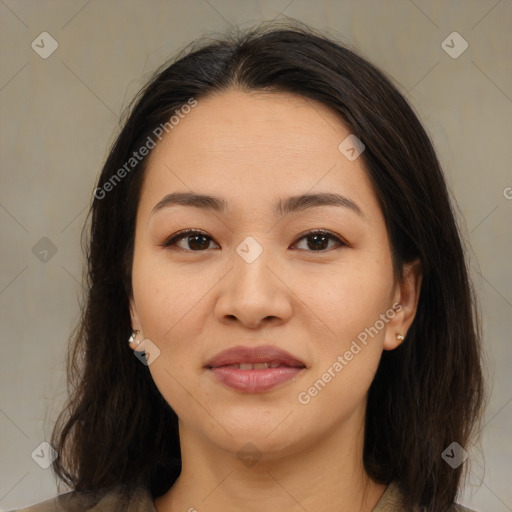 Joyful asian young-adult female with medium  brown hair and brown eyes