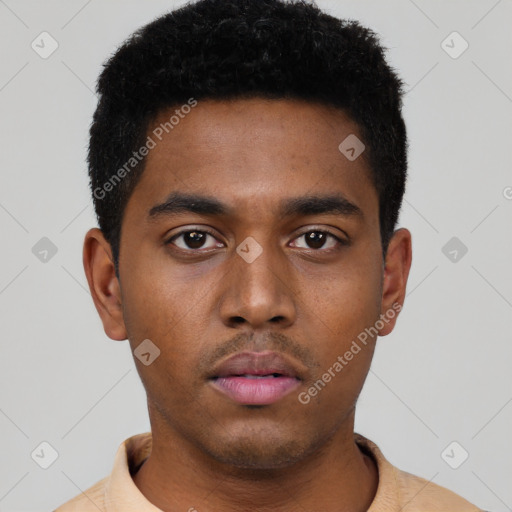 Neutral black young-adult male with short  black hair and brown eyes