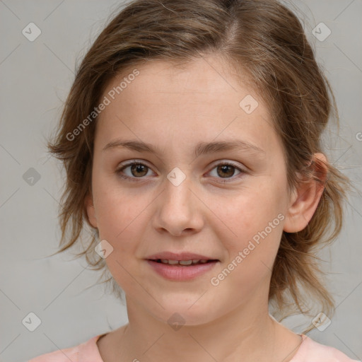 Joyful white child female with medium  brown hair and brown eyes