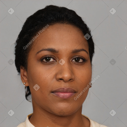 Neutral black young-adult female with short  brown hair and brown eyes