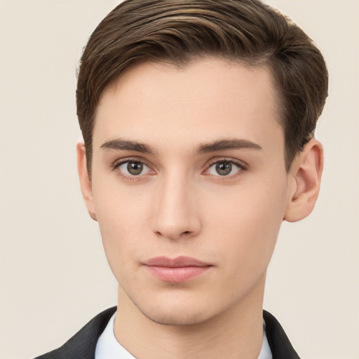 Neutral white young-adult male with short  brown hair and brown eyes