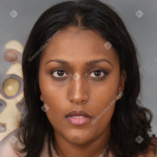 Neutral white young-adult female with long  brown hair and brown eyes