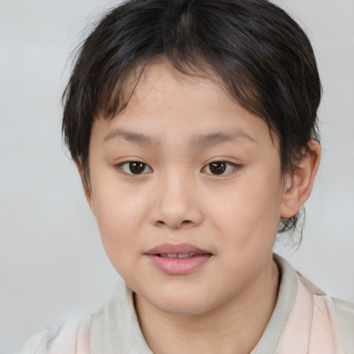 Joyful white child female with medium  brown hair and brown eyes