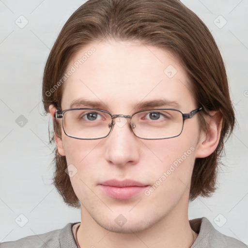 Neutral white young-adult female with medium  brown hair and grey eyes