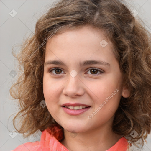 Joyful white child female with medium  brown hair and brown eyes