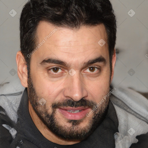 Joyful white adult male with short  black hair and brown eyes