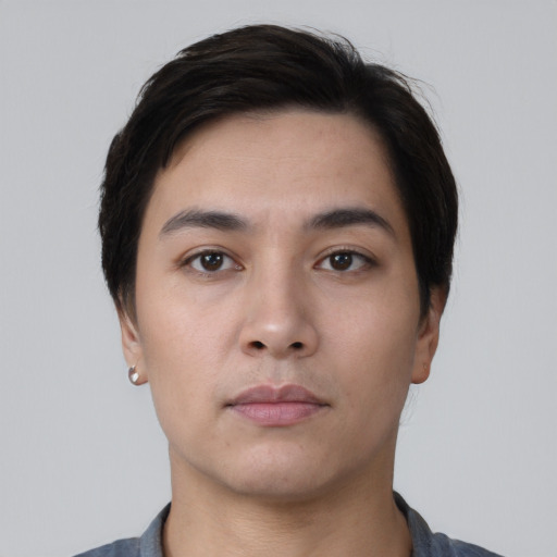 Neutral asian young-adult female with short  black hair and brown eyes