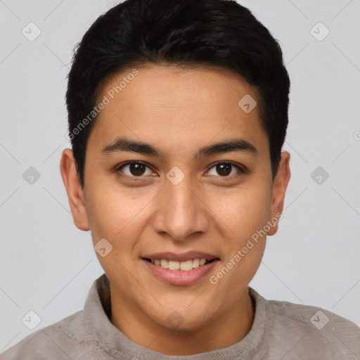 Joyful latino young-adult male with short  brown hair and brown eyes