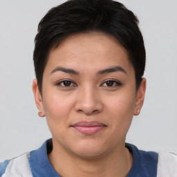 Joyful asian young-adult female with short  brown hair and brown eyes