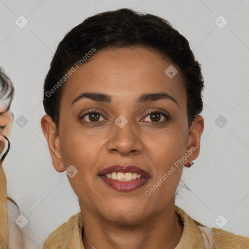 Joyful latino young-adult female with short  brown hair and brown eyes