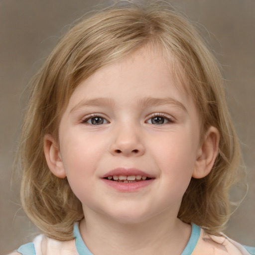 Joyful white child female with medium  brown hair and grey eyes