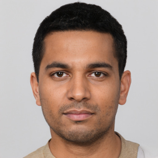 Neutral latino young-adult male with short  black hair and brown eyes