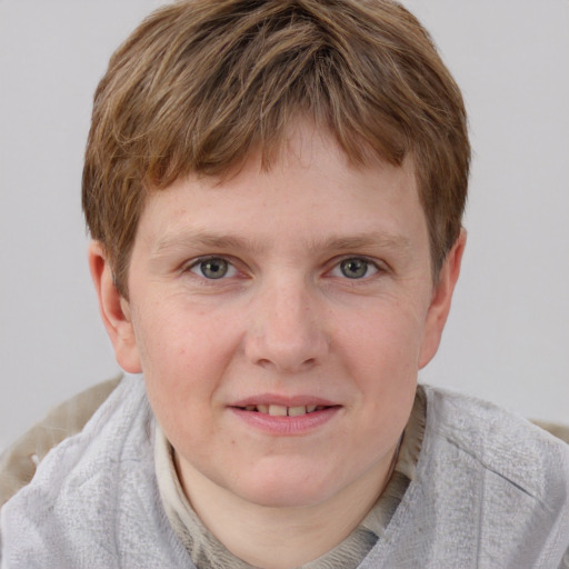 Joyful white young-adult male with short  brown hair and blue eyes