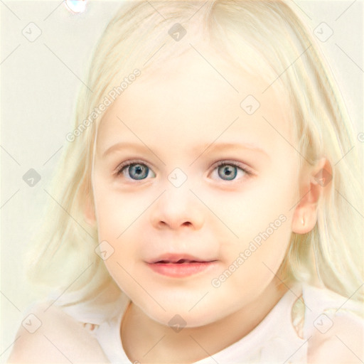 Joyful white child female with medium  brown hair and blue eyes