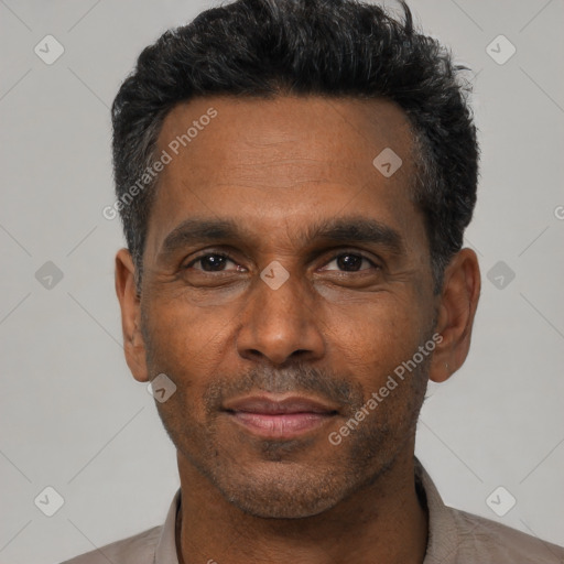 Neutral black adult male with short  black hair and brown eyes