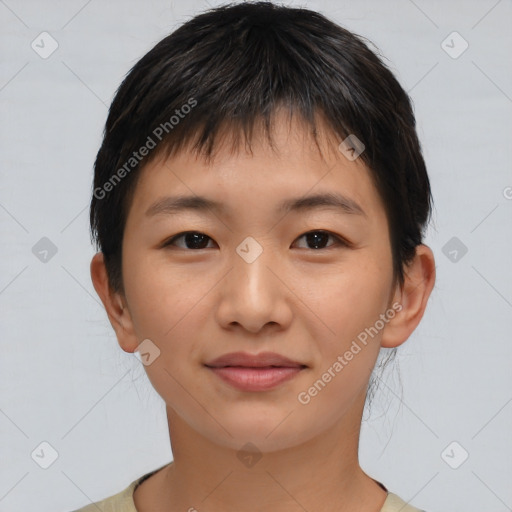 Joyful asian young-adult female with short  brown hair and brown eyes