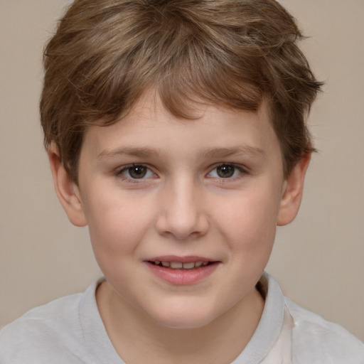 Joyful white child female with short  brown hair and brown eyes